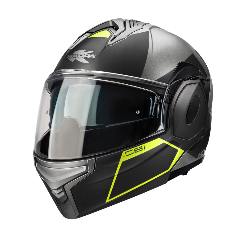 Casco modulare flip-back Kappa KV55 York Titanio Opaco / Nero / Giallo, vista tre quarti anteriore sinistra con mentoniera chiusa