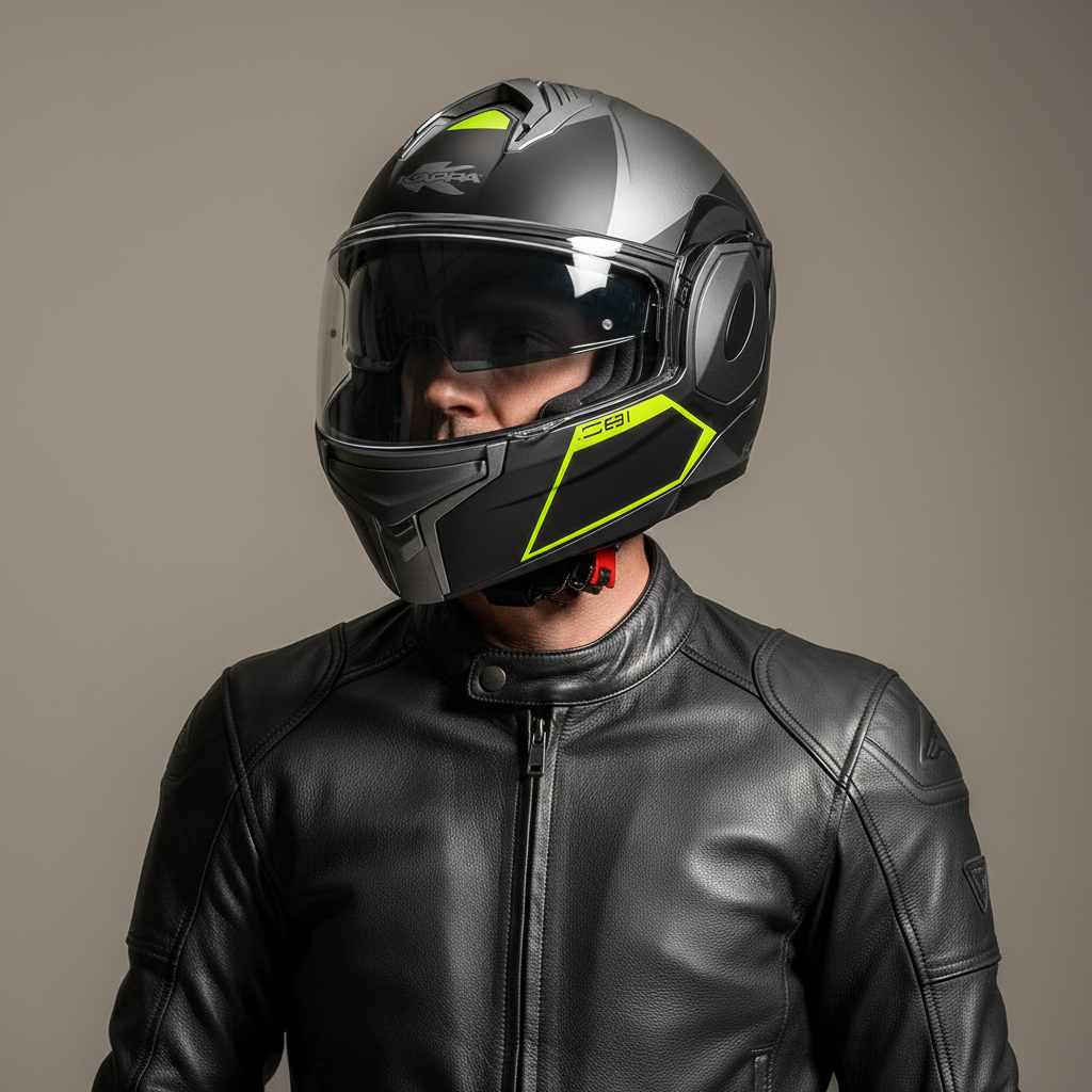 Casco modulare flip-back Kappa KV55 York Titanio Opaco / Nero / Giallo, indossato da un motociclista in giacca di pelle, vista frontale