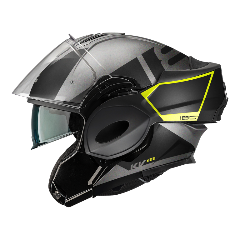 Casco modulare flip-back Kappa KV55 York Titanio Opaco / Nero / Giallo, in configurazione jet con mentoniera ribaltata, vista laterale