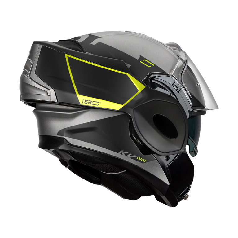 Casco modulare flip-back Kappa KV55 York Titanio Opaco / Nero / Giallo, mentoniera appoggiata dietro la calotta, vista posteriore