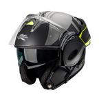 Casco modulare flip-back Kappa KV55 York Titanio Opaco / Nero / Giallo, mentoniera flip-back ruotata dietro la calotta, vista tre quarti