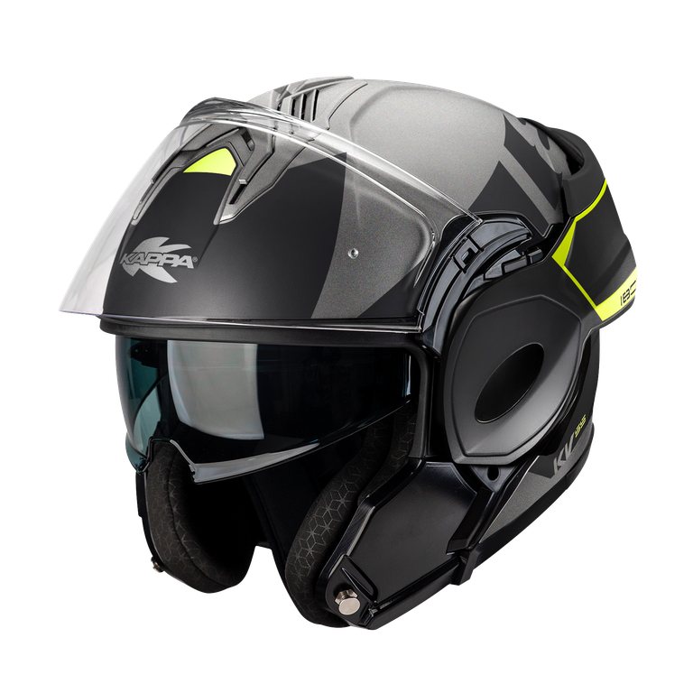 Casco modulare flip-back Kappa KV55 York Titanio Opaco / Nero / Giallo, mentoniera flip-back ruotata dietro la calotta, vista tre quarti