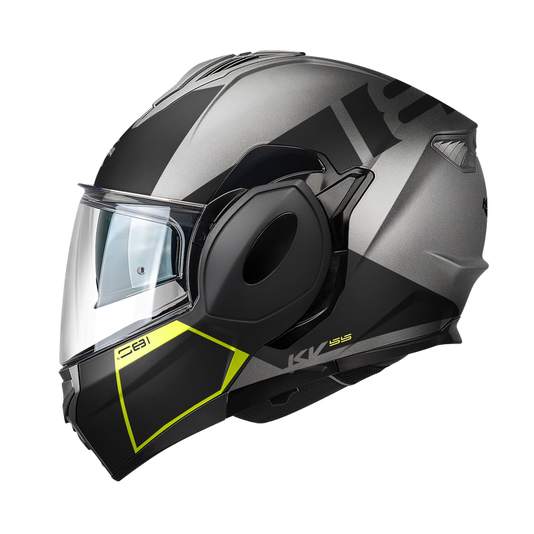 Casco modulare flip-back Kappa KV55 York Titanio Opaco / Nero / Giallo, vista laterale sinistra con la grafica York gialla