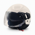 Casco demi-jet Piaggio PJ bianco lucido, tre quarti anteriore con visiera trasparente e parasole abbassato