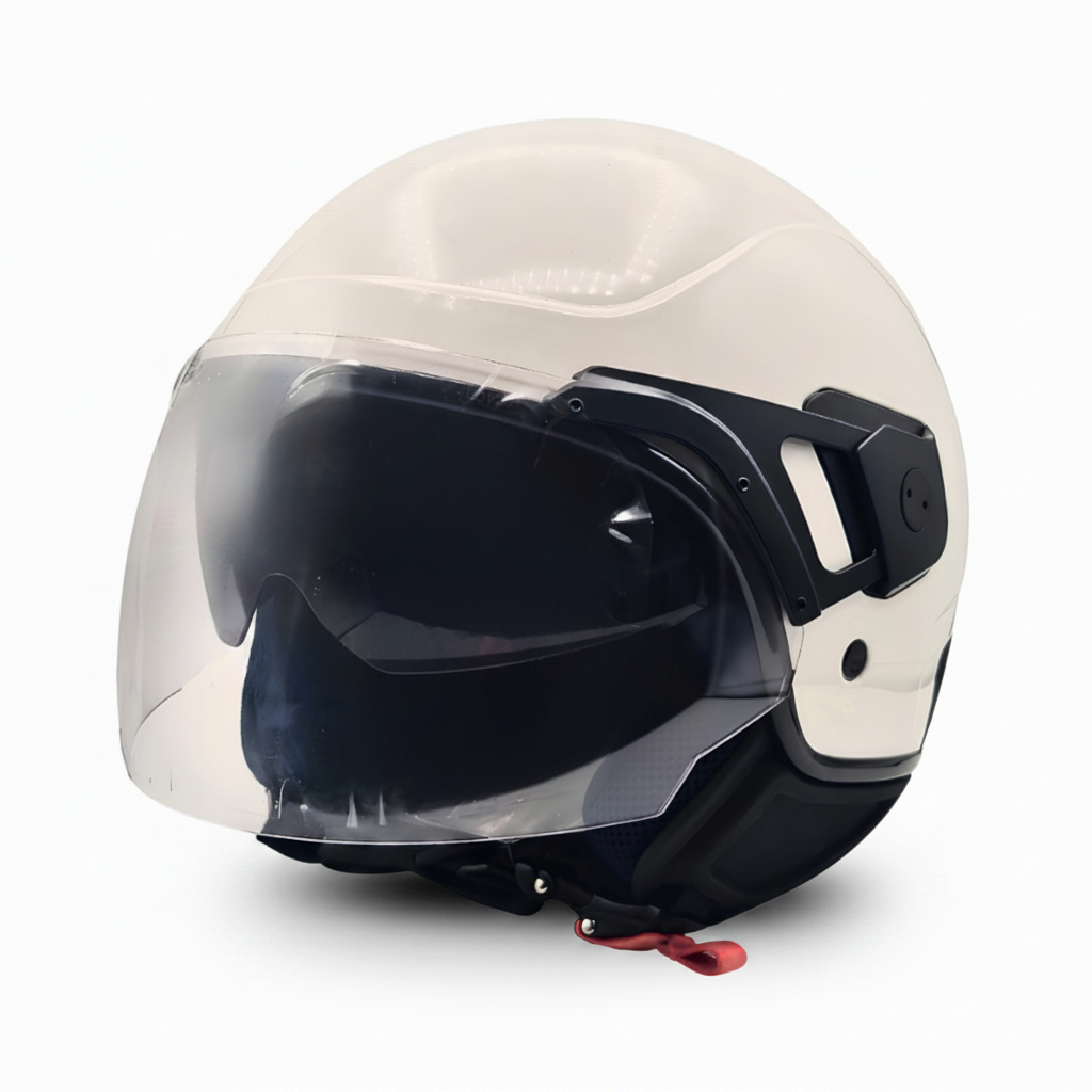 Casco demi-jet Piaggio PJ bianco lucido, tre quarti anteriore con visiera trasparente e parasole abbassato