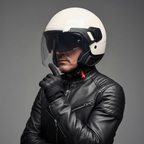 Uomo con giacca in pelle nera indossa il casco demi-jet Piaggio PJ bianco