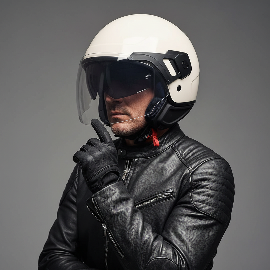 Uomo con giacca in pelle nera indossa il casco demi-jet Piaggio PJ bianco