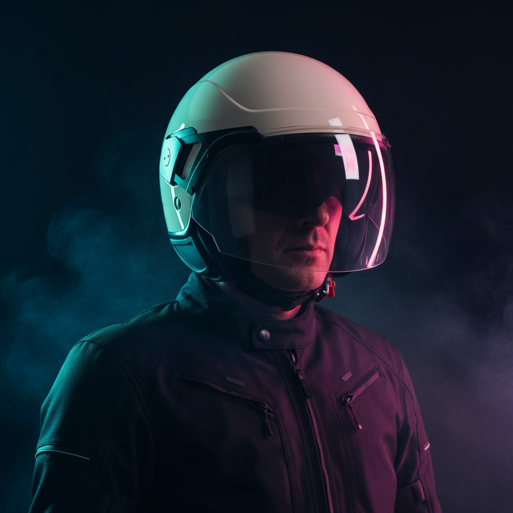 Casco demi-jet Piaggio PJ indossato, ritratto su fondo scuro con luci al neon colorate