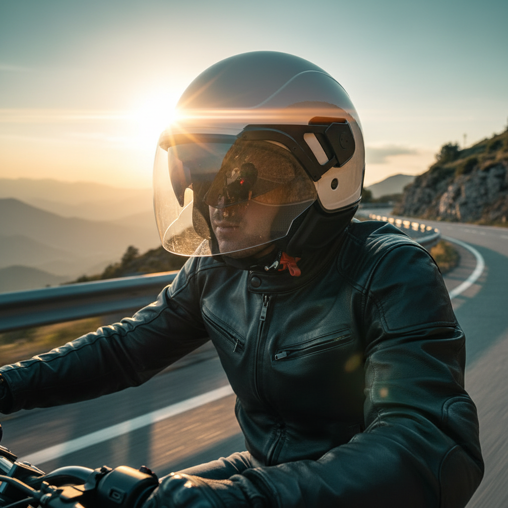 Motociclista con casco demi-jet Piaggio PJ bianco su strada di montagna al tramonto