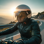 Motociclista con casco demi-jet Piaggio PJ bianco su strada di montagna al tramonto