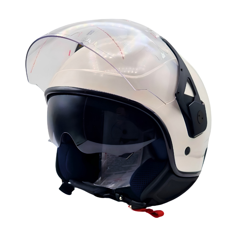 Casco demi-jet Piaggio PJ bianco, lato con visiera sollevata e leva rossa del sottogola