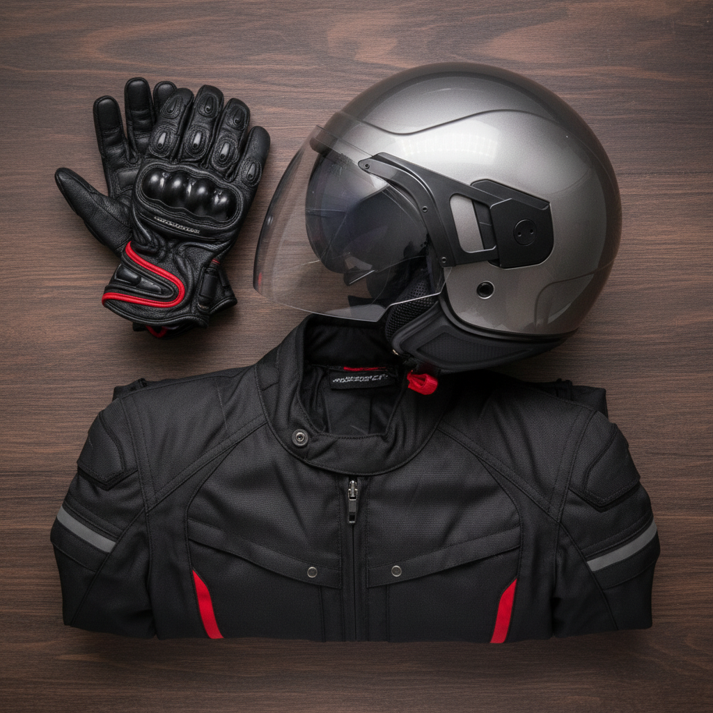 Casco demi-jet Piaggio PJ grigio su fondo di legno accanto a guanti e giacca da moto