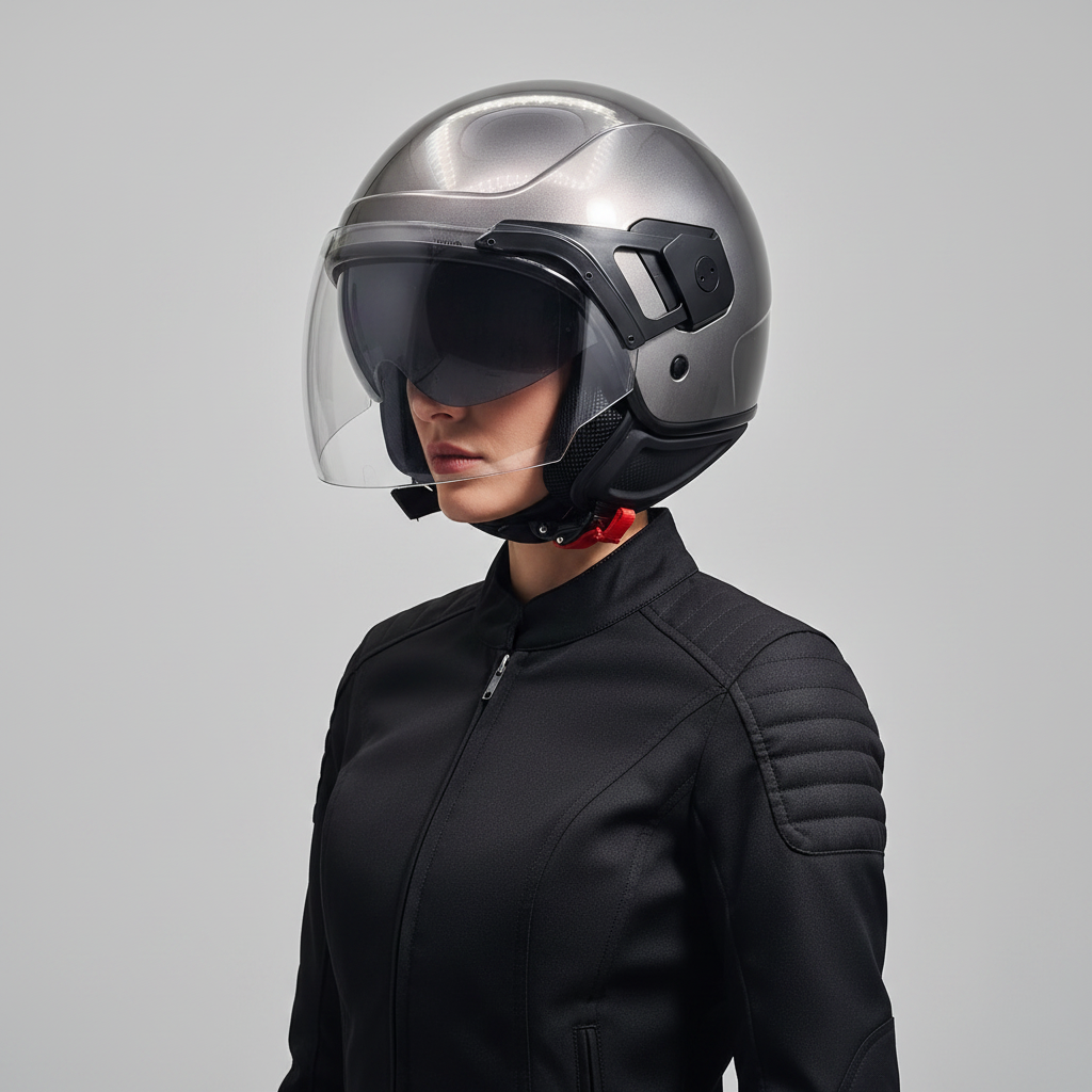 Donna con giacca tecnica indossa il casco demi-jet Piaggio PJ grigio metallizzato