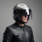 Uomo con giacca in pelle indossa il casco demi-jet Piaggio PJ grigio metallizzato
