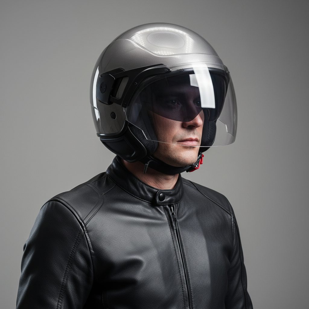 Uomo con giacca in pelle indossa il casco demi-jet Piaggio PJ grigio metallizzato
