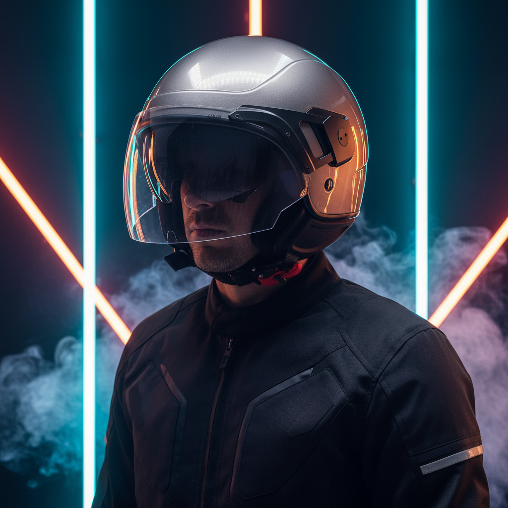 Casco demi-jet Piaggio PJ grigio indossato, ritratto su fondo scuro con luci al neon