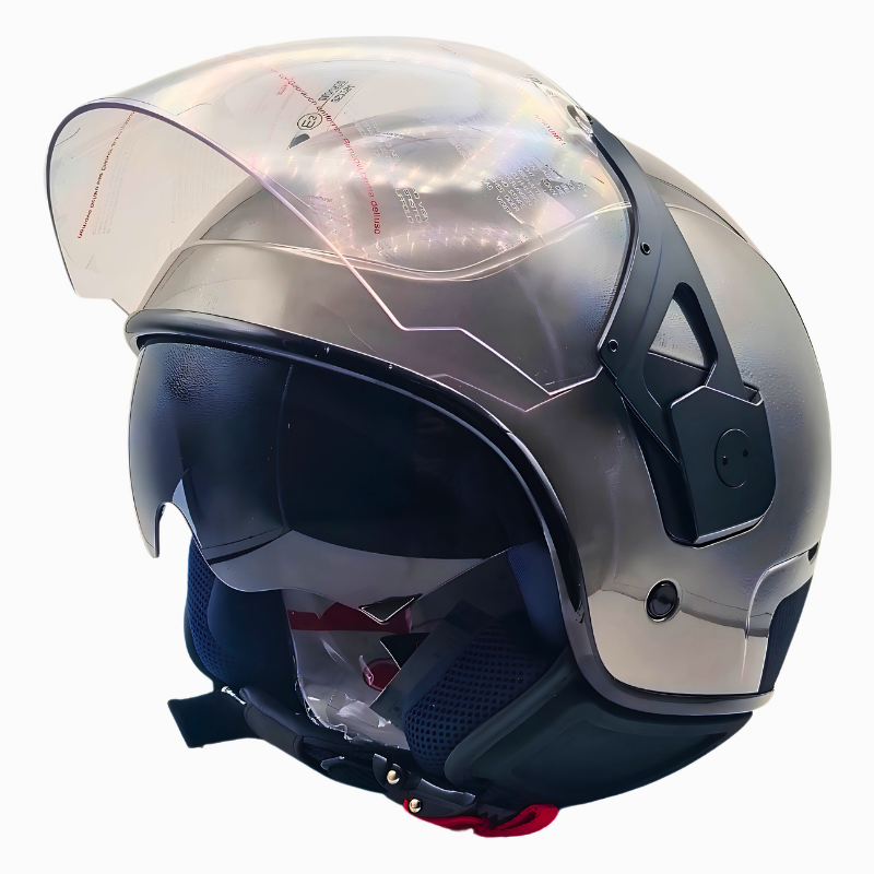 Casco demi-jet Piaggio PJ grigio, lato con visiera sollevata e interni chiari a vista
