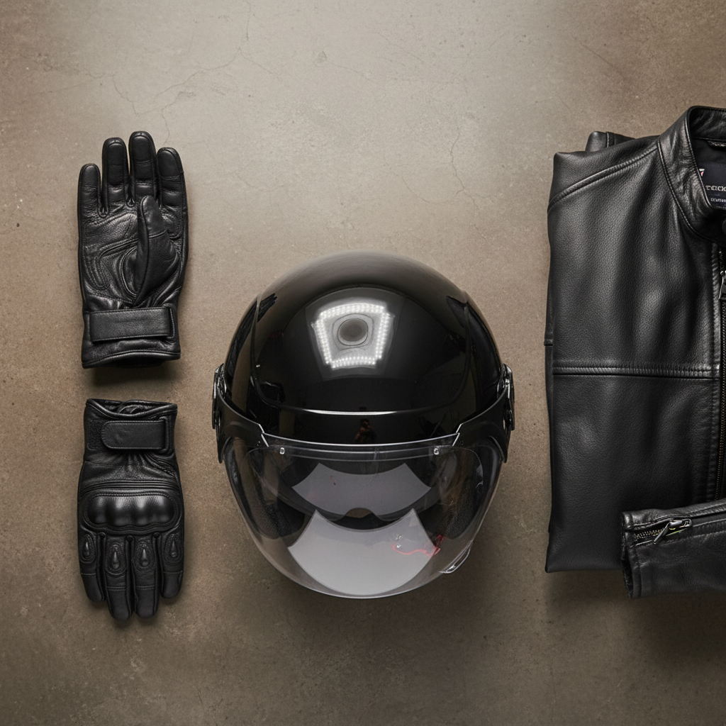 Casco demi-jet Piaggio PJ nero accanto a guanti e giacca in pelle su fondo chiaro