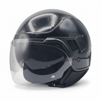 Casco demi-jet Piaggio PJ nero lucido, tre quarti anteriore con visiera trasparente e parasole abbassato