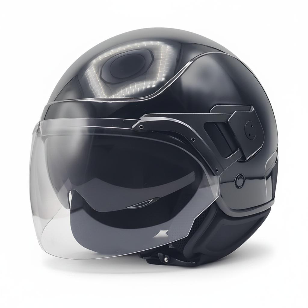 Casco demi-jet Piaggio PJ nero lucido, tre quarti anteriore con visiera trasparente e parasole abbassato