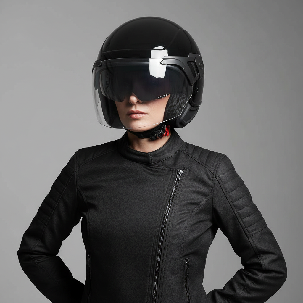 Donna con giacca tecnica nera indossa il casco demi-jet Piaggio PJ nero