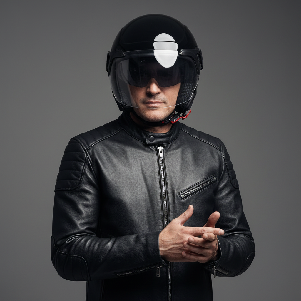 Uomo con giacca in pelle nera indossa il casco demi-jet Piaggio PJ nero