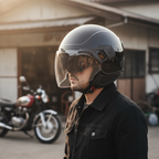 Uomo davanti a una moto indossa il casco demi-jet Piaggio PJ nero con visiera trasparente
