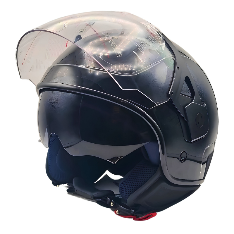 Casco demi-jet Piaggio PJ nero, lato con visiera sollevata e leva rossa del sottogola
