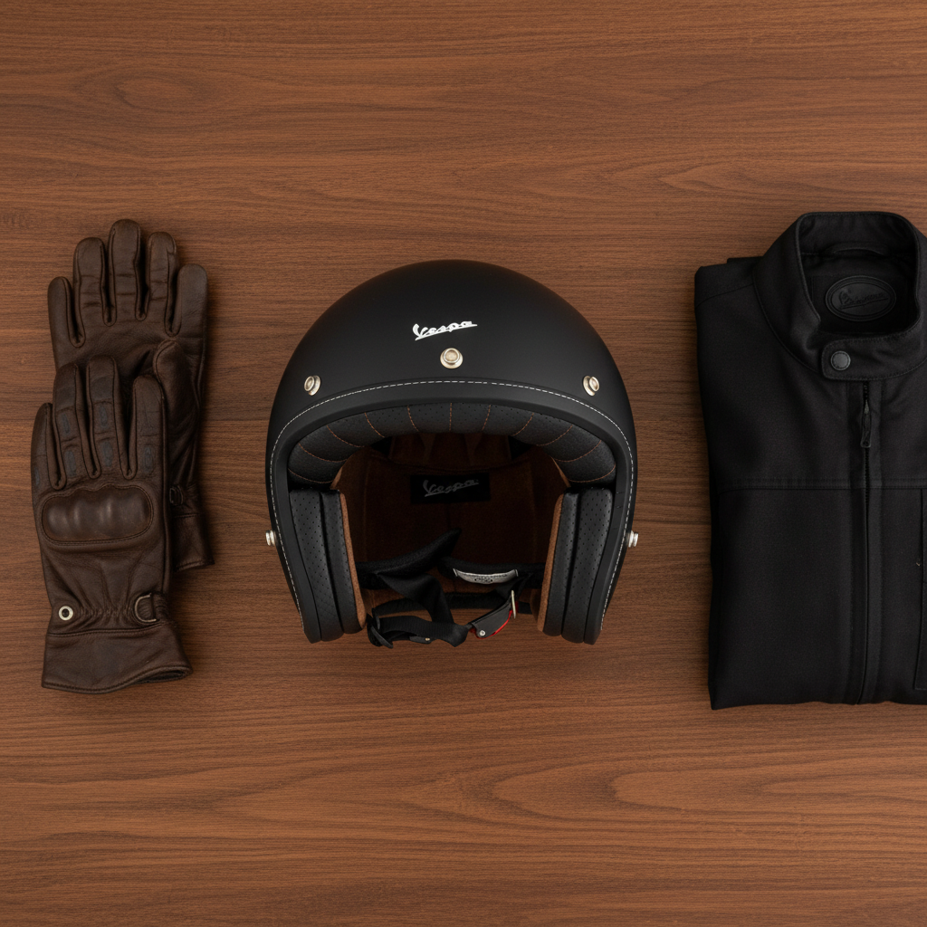 Casco jet Vespa P-Xential 2.0 nero opaco accanto a guanti e giacca su parete di legno