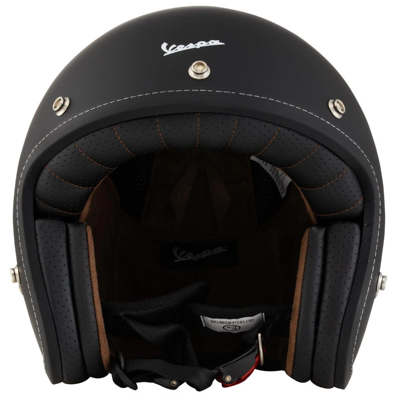 Casco jet Vespa P-Xential 2.0 nero opaco, tre quarti con apertura e interni marroni