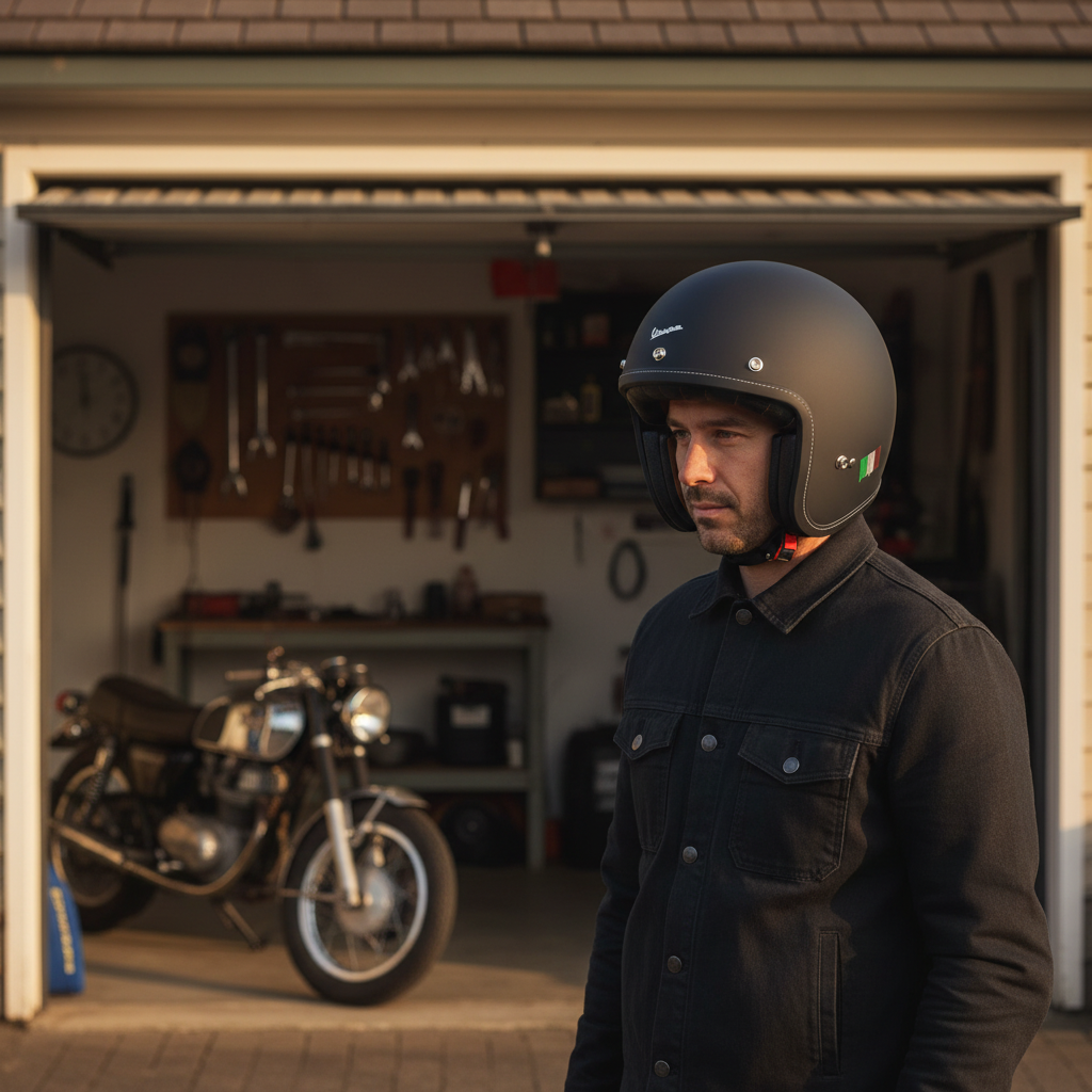 Uomo con casco jet Vespa P-Xential 2.0 davanti a un garage con una moto