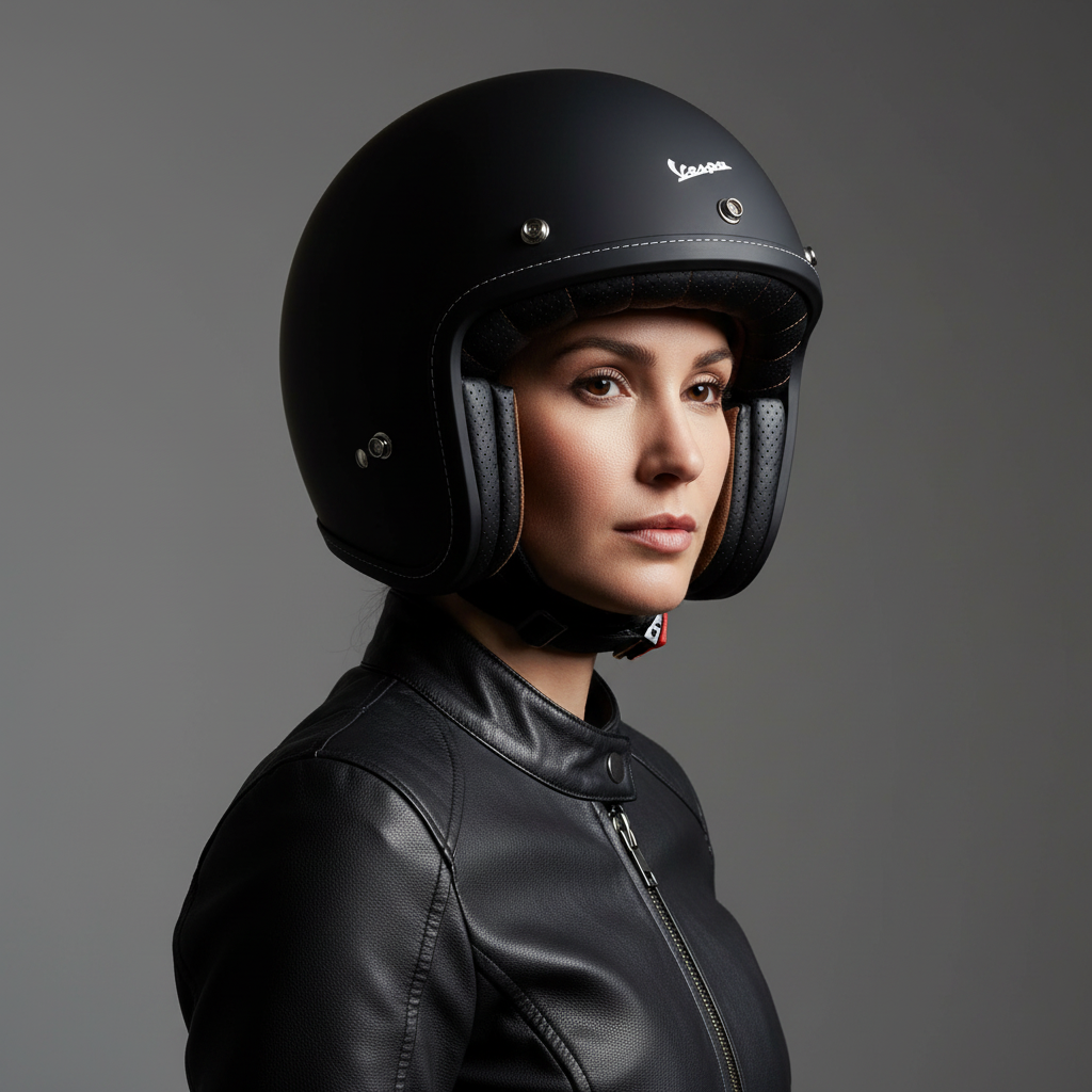 Donna con giacca in pelle indossa il casco jet Vespa P-Xential 2.0 nero opaco