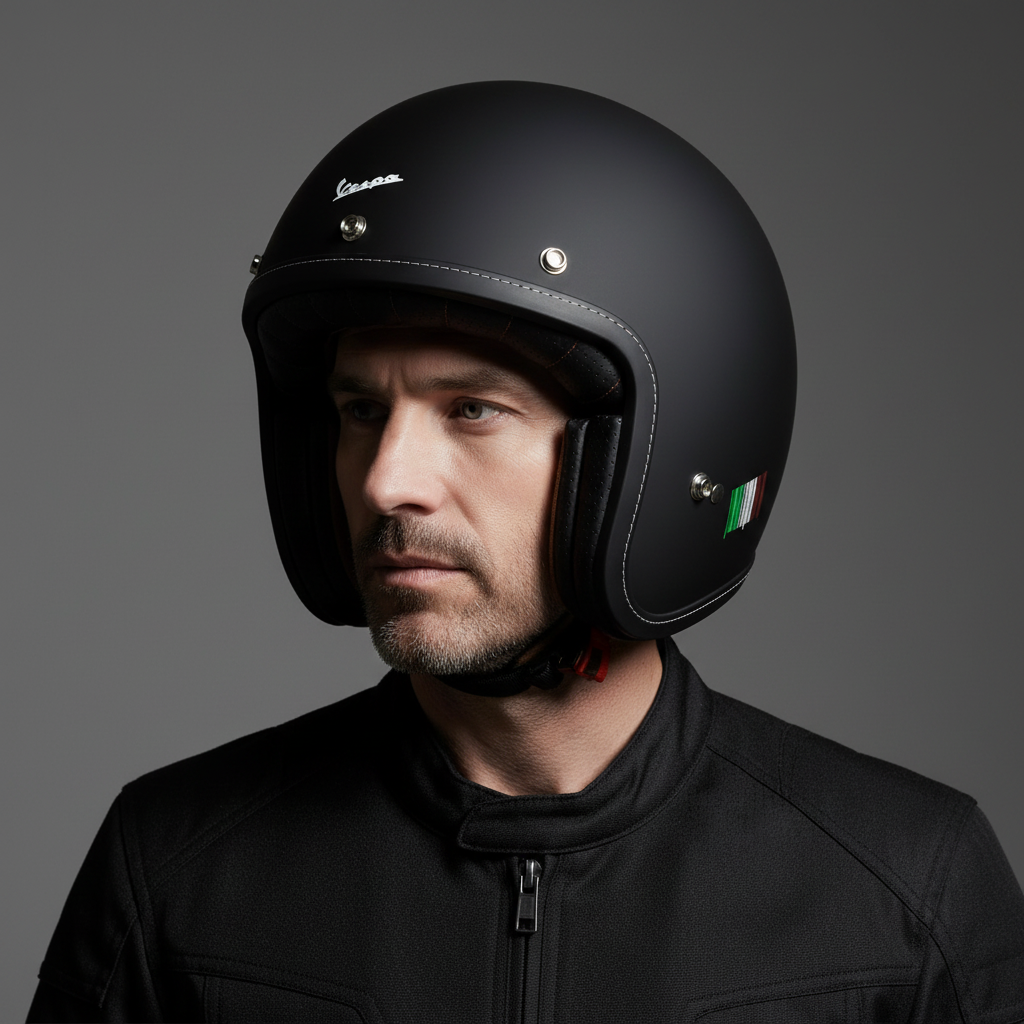Uomo con giacca nera indossa il casco jet Vespa P-Xential 2.0 nero opaco