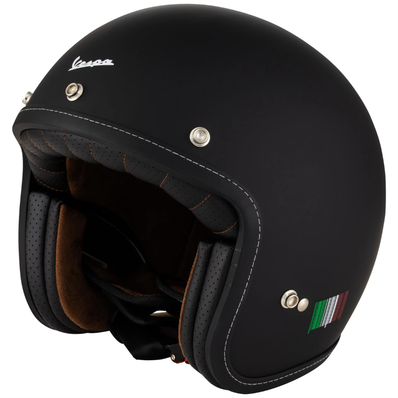Casco jet Vespa P-Xential 2.0 nero opaco, vista frontale con bordo in similpelle cucito