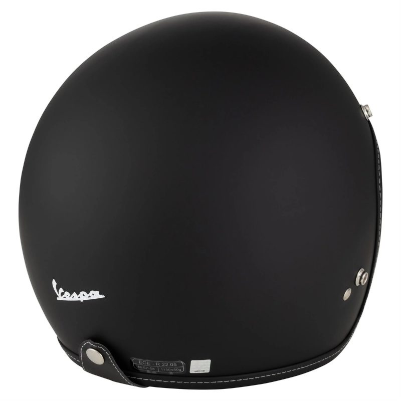 Casco jet Vespa P-Xential 2.0 nero opaco, vista posteriore con etichetta sulla calotta