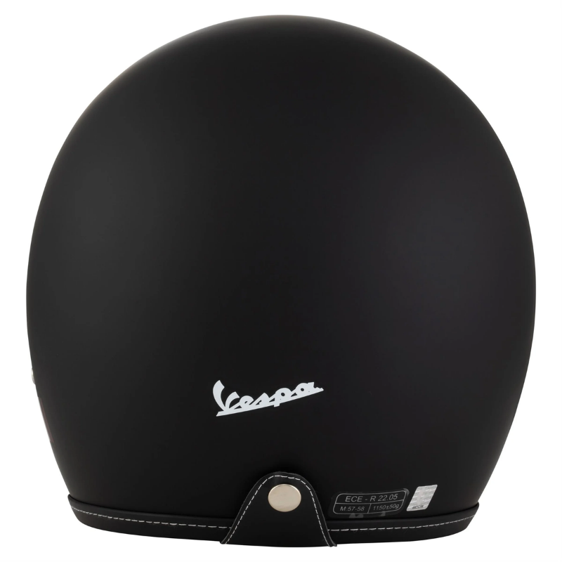 Retro del casco jet Vespa P-Xential 2.0 nero opaco con logo Vespa bianco