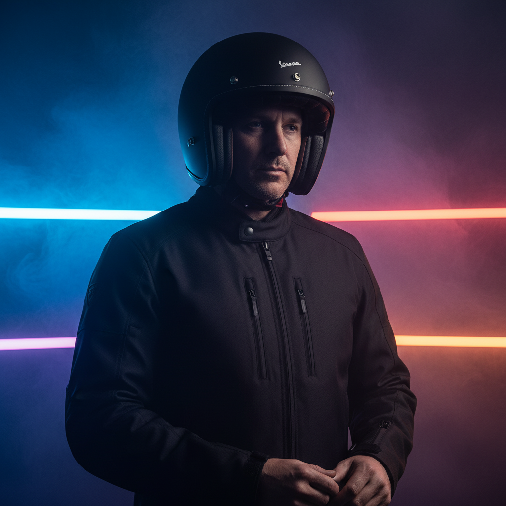 Casco jet Vespa P-Xential 2.0 indossato, ritratto su fondo scuro con luci al neon