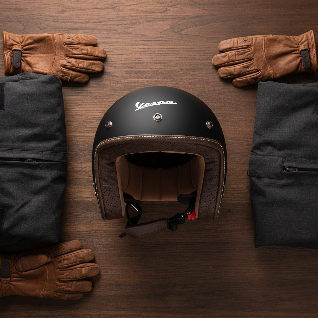 Casco jet Vespa P-Xential nero opaco su tavolo di legno accanto a guanti e giacca