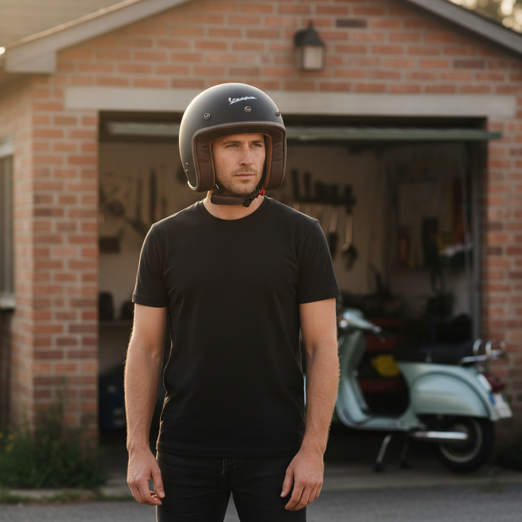 Uomo con casco jet Vespa P-Xential davanti a un garage con una Vespa