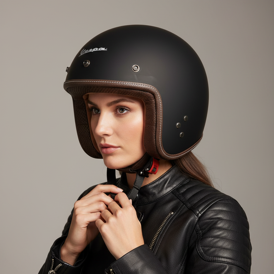 Donna con giacca in pelle indossa il casco jet Vespa P-Xential nero opaco