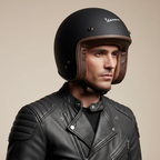 Uomo con giacca in pelle nera indossa il casco jet Vespa P-Xential nero opaco