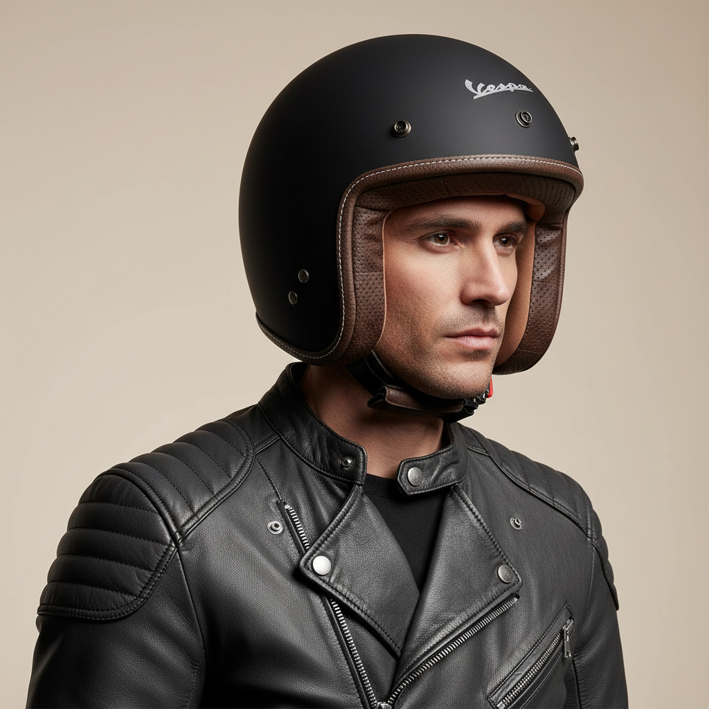Uomo con giacca in pelle nera indossa il casco jet Vespa P-Xential nero opaco