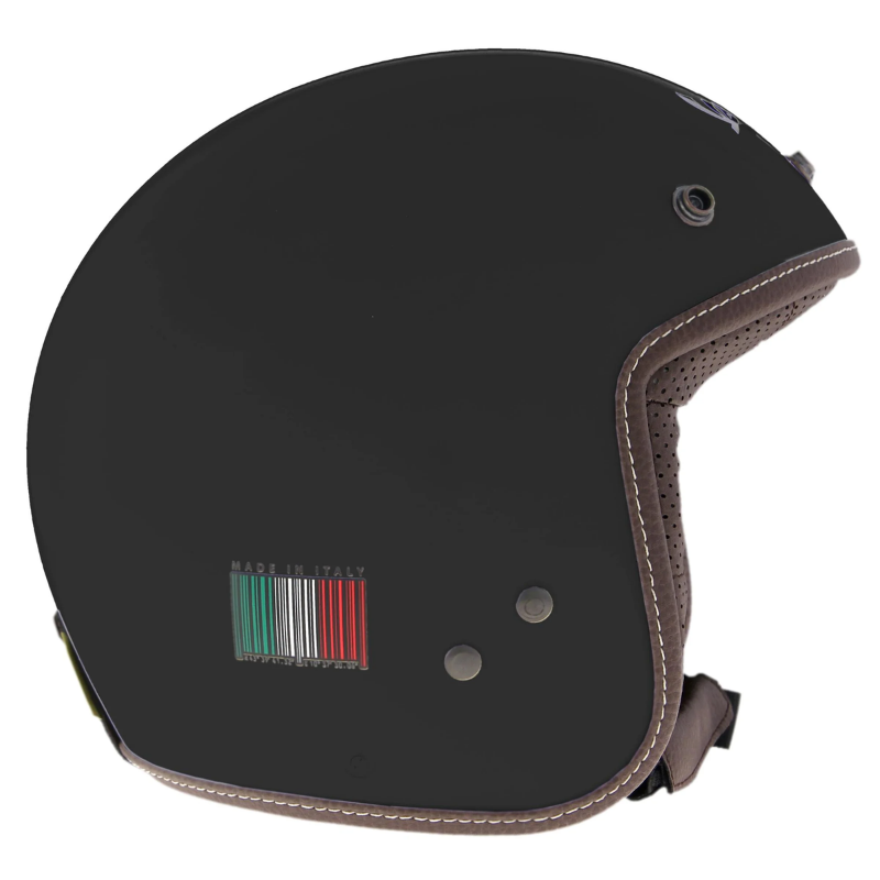 Casco jet Vespa P-Xential nero opaco, lato destro con tricolore italiano e bottoni a pressione