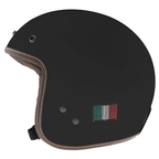 Casco jet Vespa P-Xential nero opaco, lato sinistro con tricolore italiano e bordo marrone