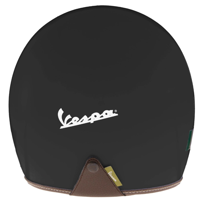 Retro del casco jet Vespa P-Xential nero opaco con logo Vespa bianco e patch marrone