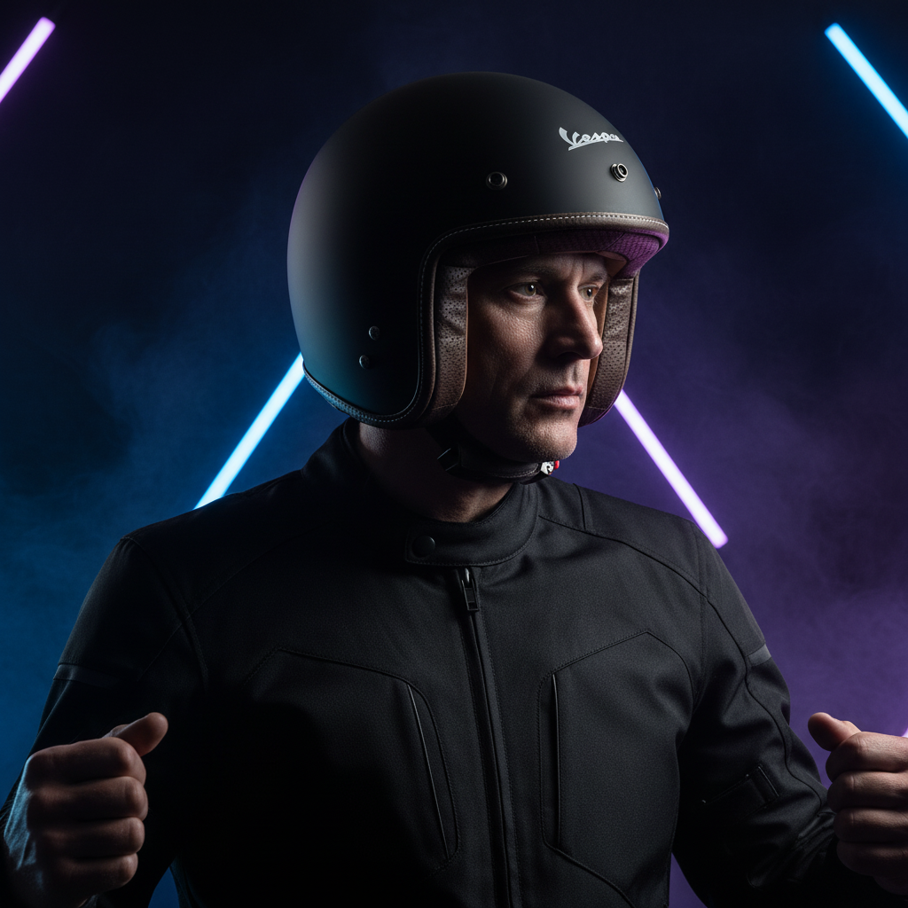 Casco jet Vespa P-Xential indossato, ritratto su fondo scuro con luci al neon