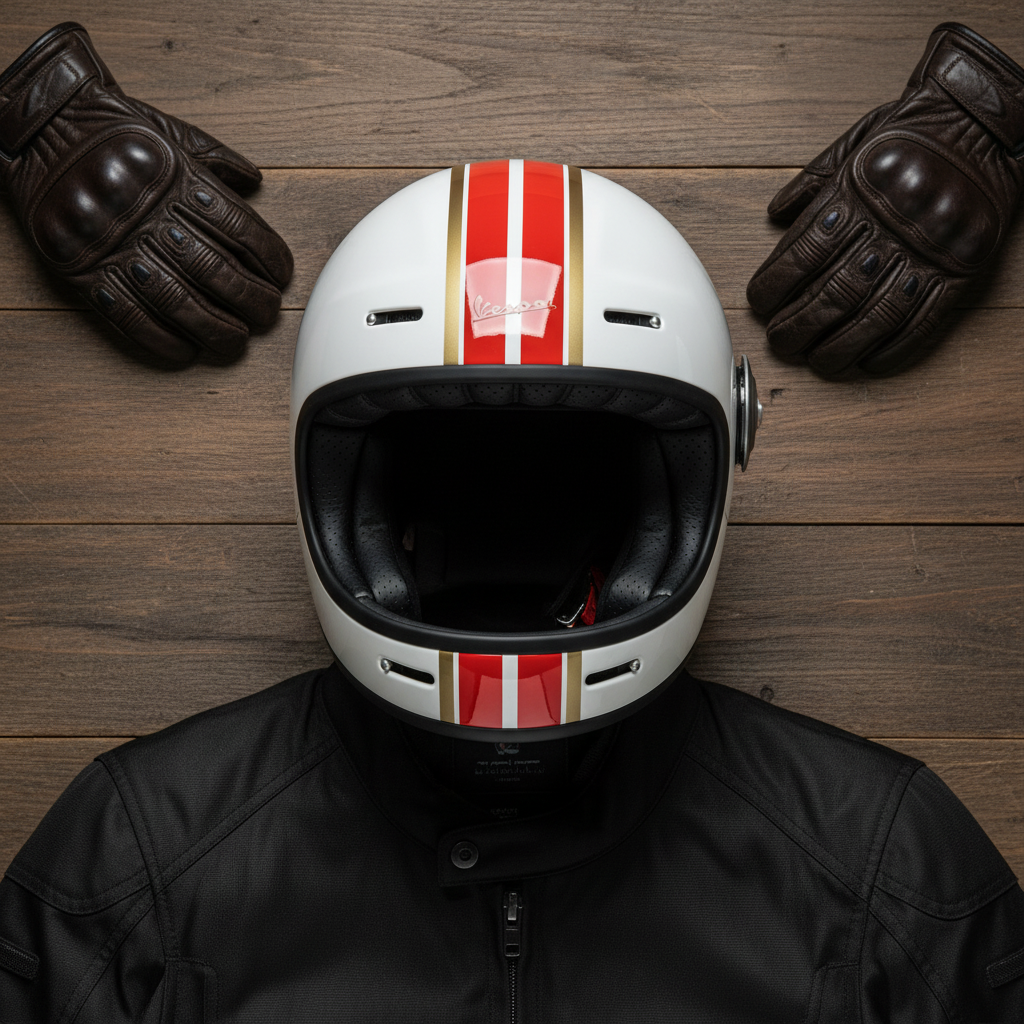 Casco integrale Vespa Racing Sixties bianco su tavolo di legno accanto a guanti e giacca in pelle