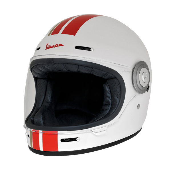 Casco integrale Vespa Racing Sixties bianco, tre quarti anteriore con logo Vespa rosso e strisce sulla calotta