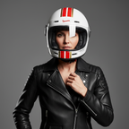 Donna con chiodo in pelle indossa il casco integrale Vespa Racing Sixties bianco