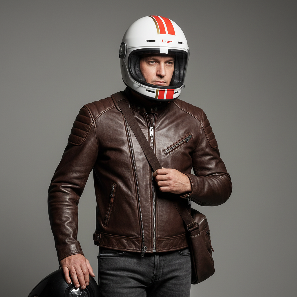 Uomo con giacca in pelle marrone indossa il casco integrale Vespa Racing Sixties bianco